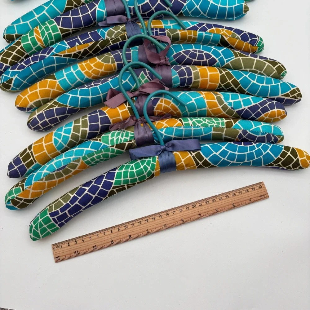 Set of 8 Padded Satin Clothing Hangers Mosaic Stained Glass Print Teal Yellow